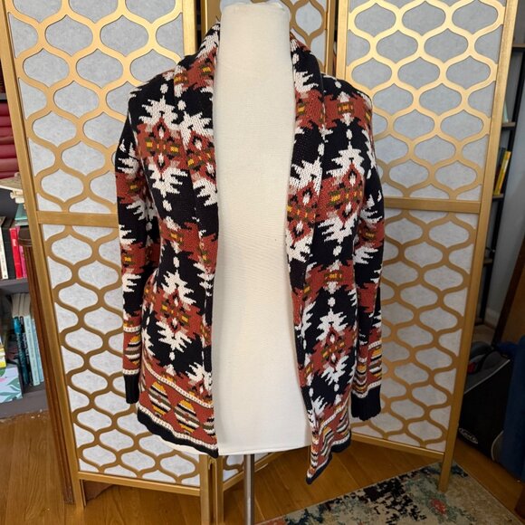 Lucky Brand Size L Multicolor Aztec Inspired Open Front Knit Cardigan Sweater - Picture 3 of 16